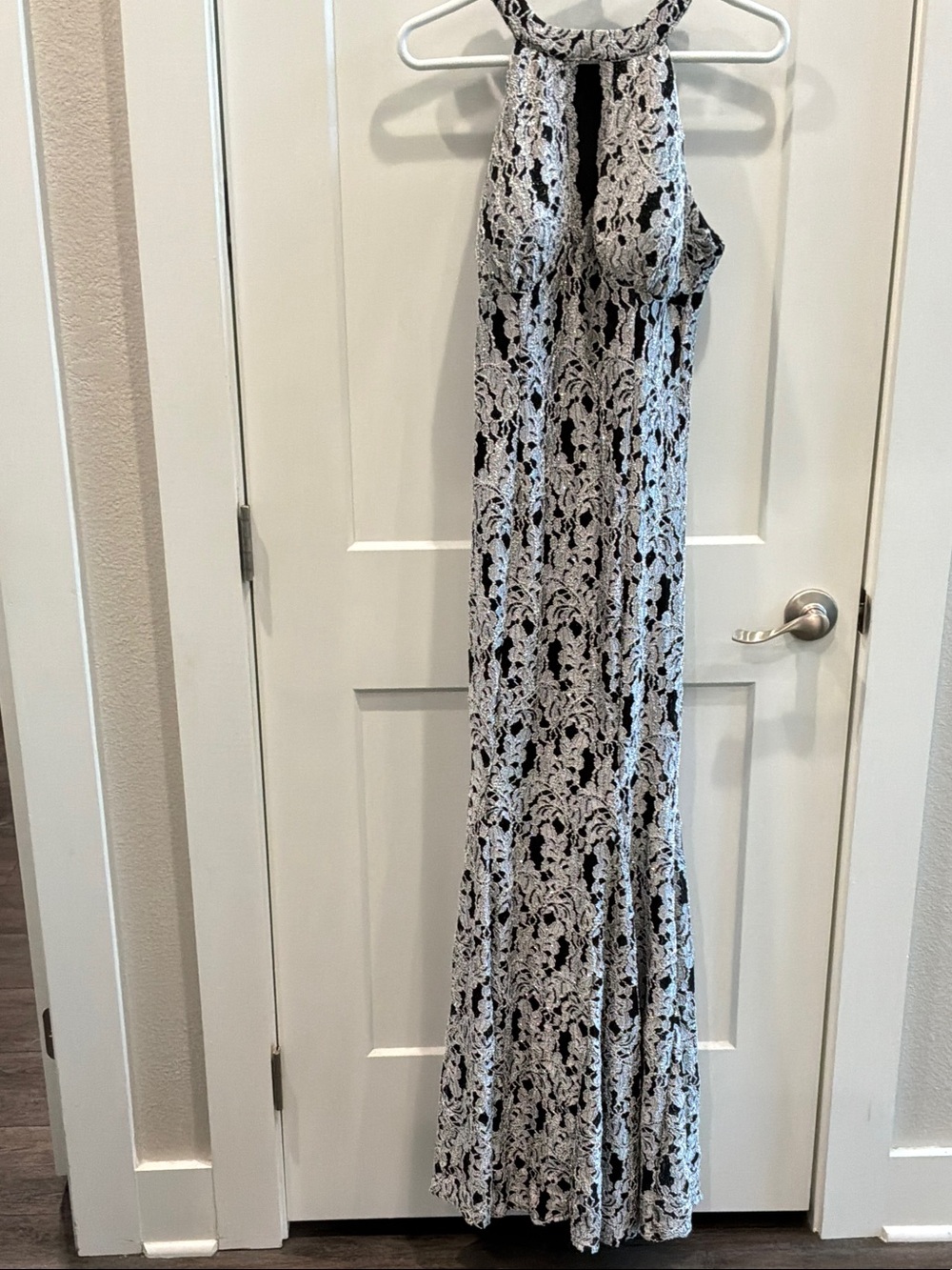 NightWay 12 Cocktail Party Mermaid Glitter White Lace-Keyhole Halter Maxi Dress